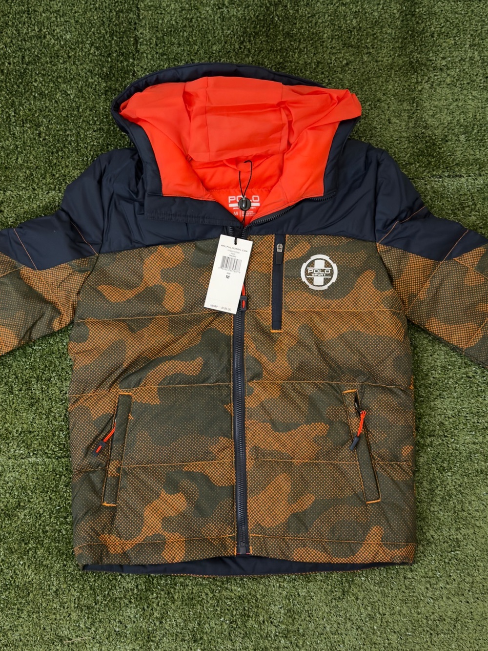 Polo by Ralph Lauren Boys' Navy and Orange Camo Puffer Jacket with Hood